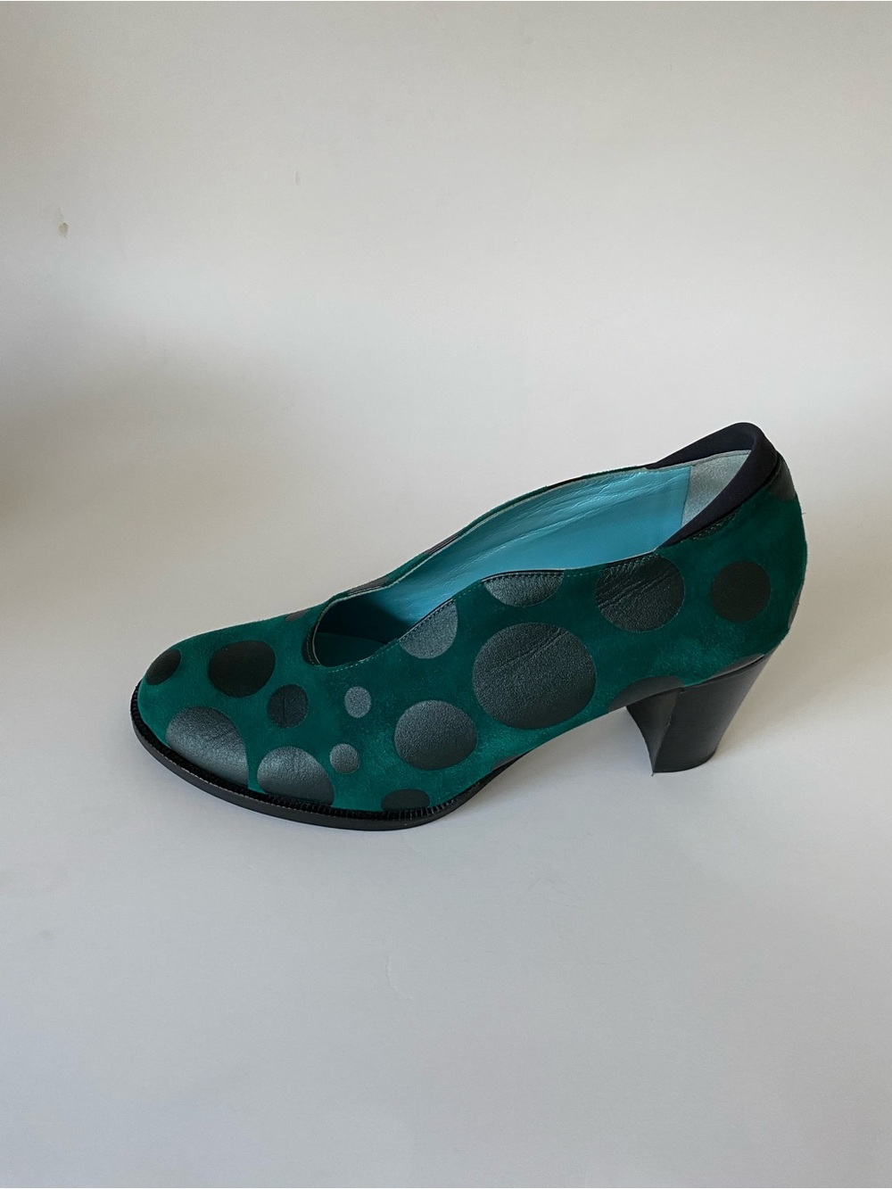 Thierry Rabotin Green Suede Pump with Black Polka Dots